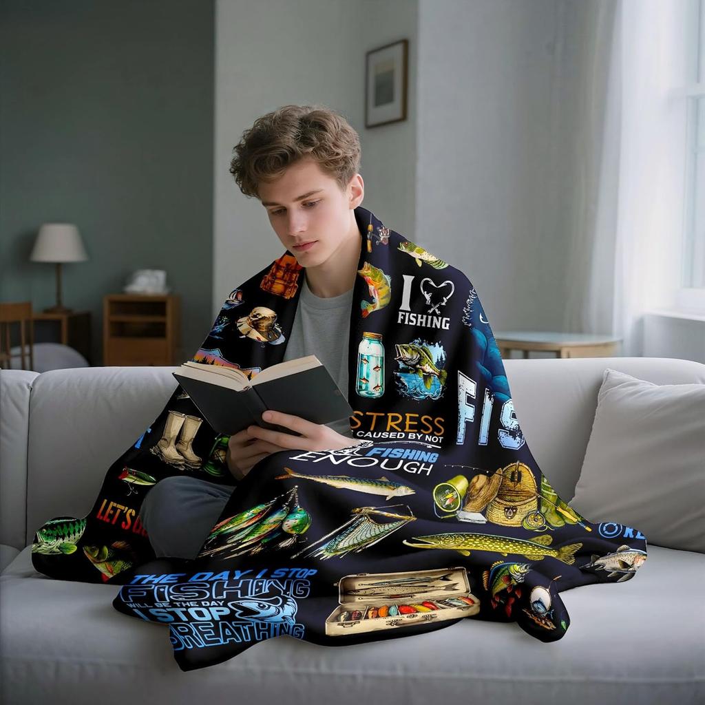 Fishing Theme Blanket Soft Throw Blanket for Living Room Couch Cozy Flannel Blankets for Boys Kids Perfect Gift for Home Decor