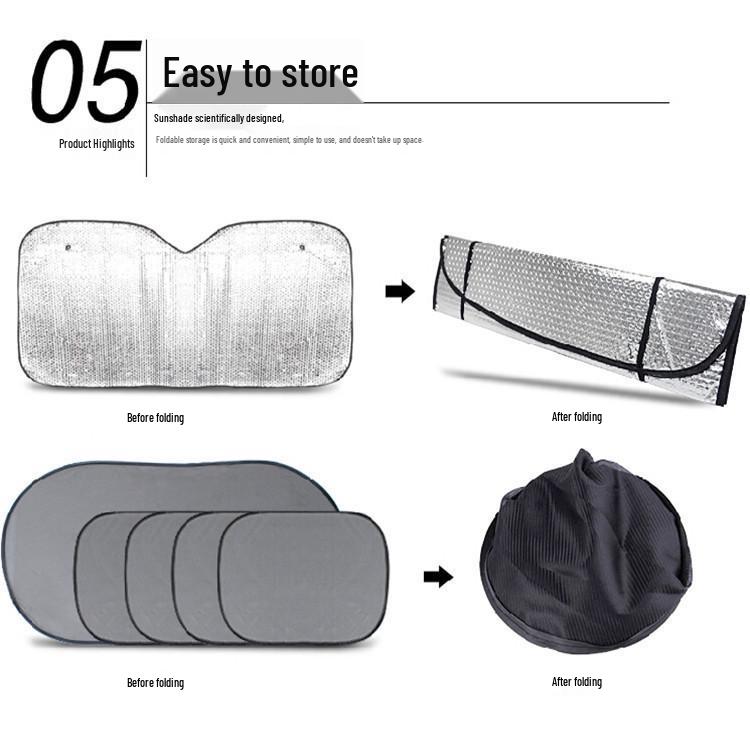 Six-Piece Car Sunshade Set: Mesh Side & Rear Window Shades, Summer Sun Protection, Aluminum Foil Sun Visor, Front Windshield Sunshade.