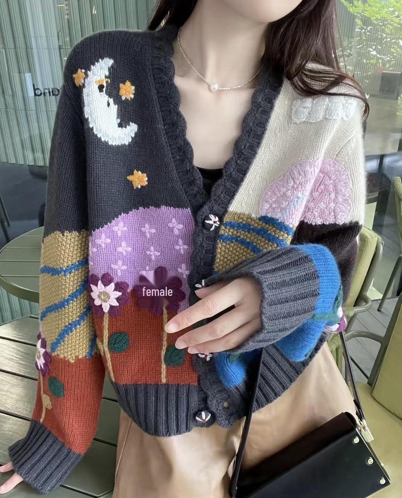 Women's Autumn/Winter Cozy Handmade Embroidered Cashmere Openwork Knit Cardigan Sweater