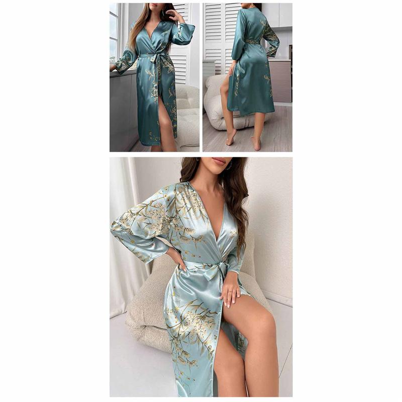 Women's Pajamas Sexy Imitation Silk Loose Household Clothes Ice Silk Cardigan Lace-up Bathrobe Pajamas for Women