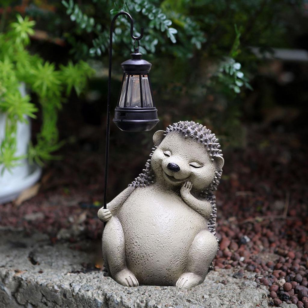Garden Statue with Solar Light Hedgehog Figurine Lantern Lamp Night Patio Resin Animal