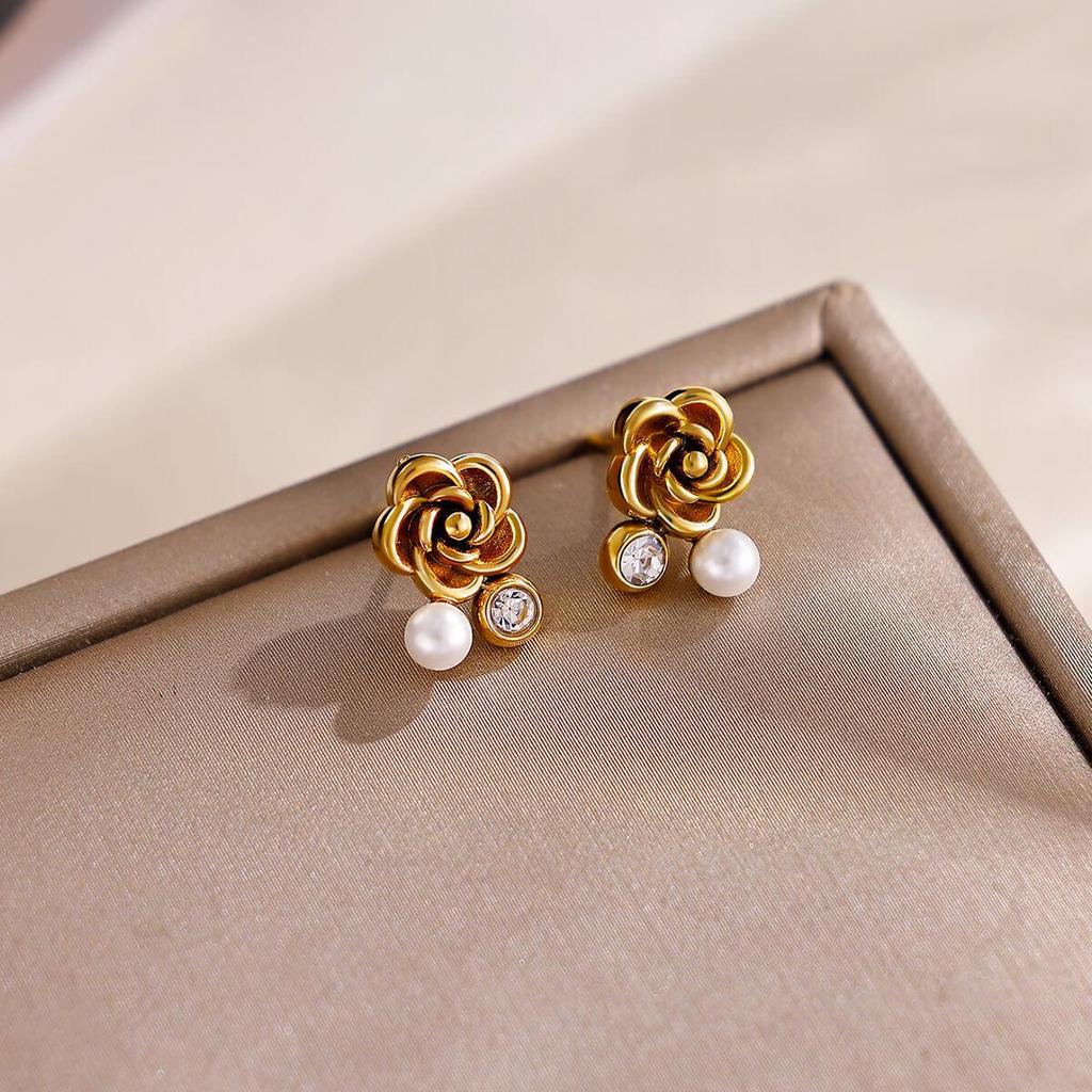 Cross Retro Pearl Temperament Earrings - 18K Gold Plated Stainless Steel with Diamond Inlaid Mother-of-Pearl Heart Bow Design