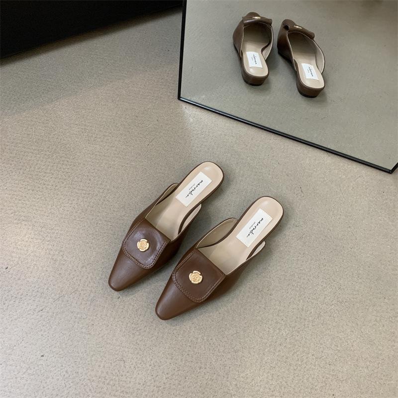 Baotou Half Slippers Women's Summer Wear 2025 New Fashion Camellia One Pedal Pointed Head Low Heel Sandals Non-slip