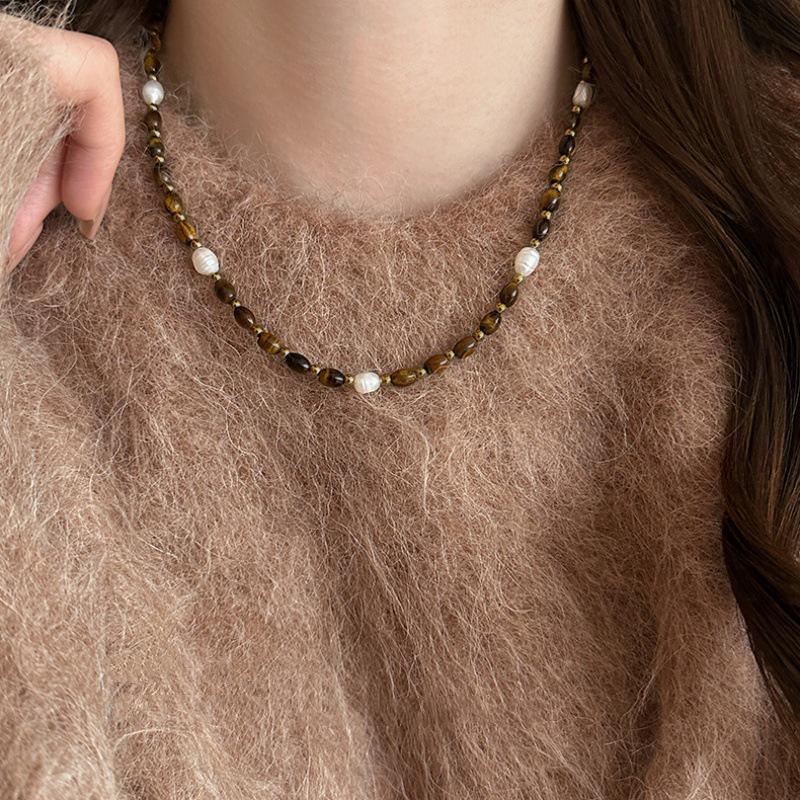 Vintage French Style Tiger's Eye & Pearl Necklace with Clavicle Chain