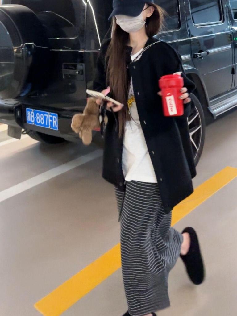 Winter Women's Cozy Korean Long Skirt with Fleece, Striped Color Block, and Comfortable H-Shape Design