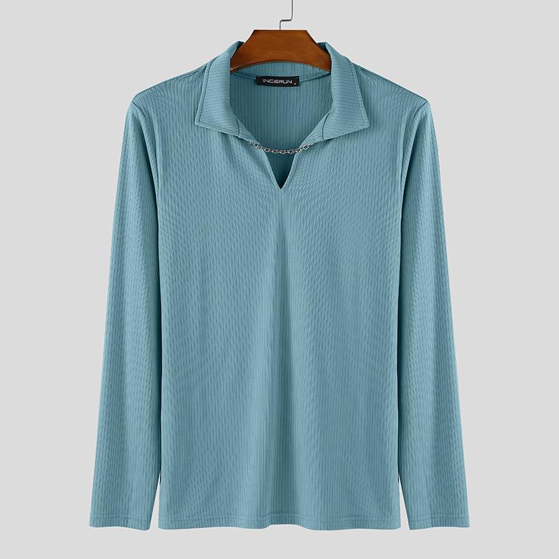

INCERUN Men Lapel Neck Long Sleeve Casual Fitted Rib Pullover Tops T-shirts 3XL