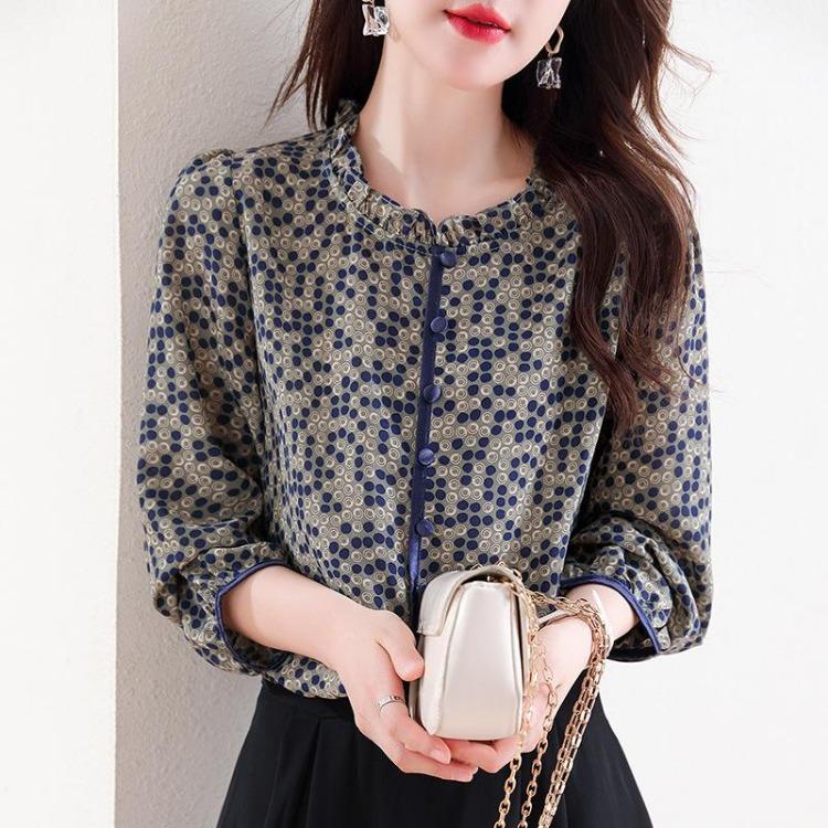 Polka Dot Chiffon Long Sleeve Shirt for Women Fashionable Age Reducing Early Autumn New Top Middle Aged Mother