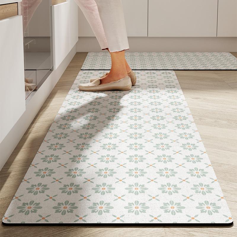 Kitchen Floor Mat Anti-Slip Oil-Proof Erasable Carpet Leather Pvc Waterproof Rug Beige Pattern Texture Home Decor Mats