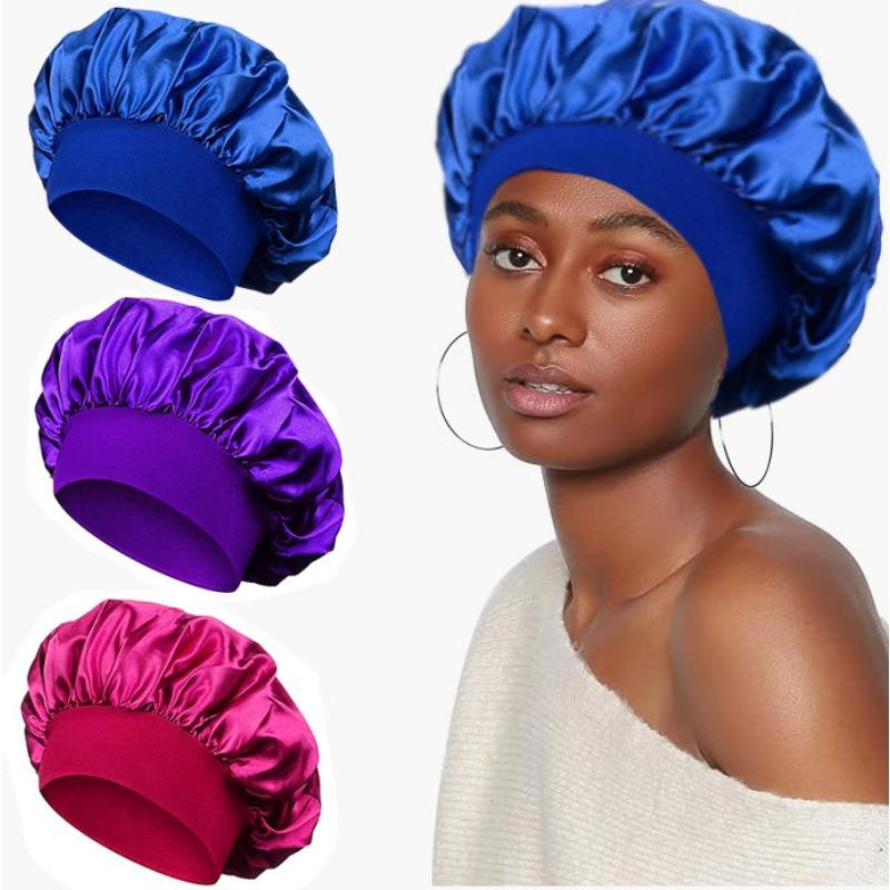 Solid color wide edge high elastic adult nightcap men's and women's fashion hair care beauty shower cap satin