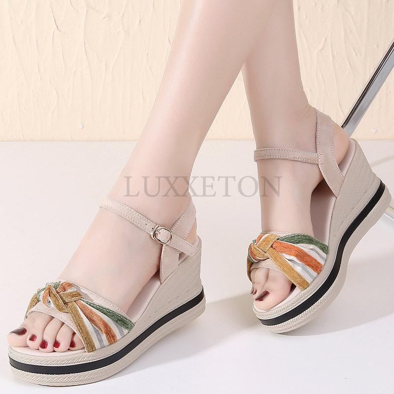 Women's Summer Wedge Sandals Fashion Platform Open Toe Bow Casual Shoes New Black Heightening Lightweight Beach Sandals