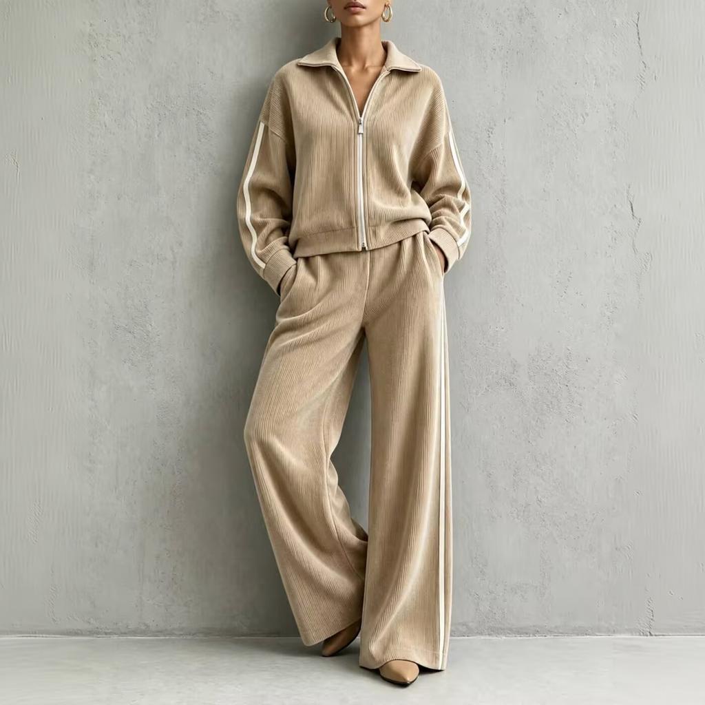Women's Corduroy Two Piece Set with Casual Zip Up Jacket and High Waisted Wide Leg Pants