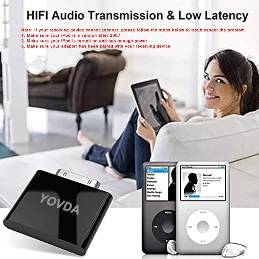 Bluetooth Transmitter for iPod, 30 Pin Bluetooth Adapter for Old iPod Classic, Plug and Play Bluetooth Adapter Compatible with iPod Classic