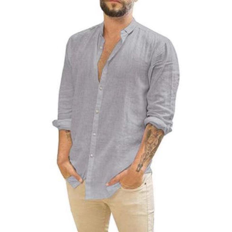 Camicia Casual da Uomo S Vintage a Collo Alto a Manica Lunga Monocolore