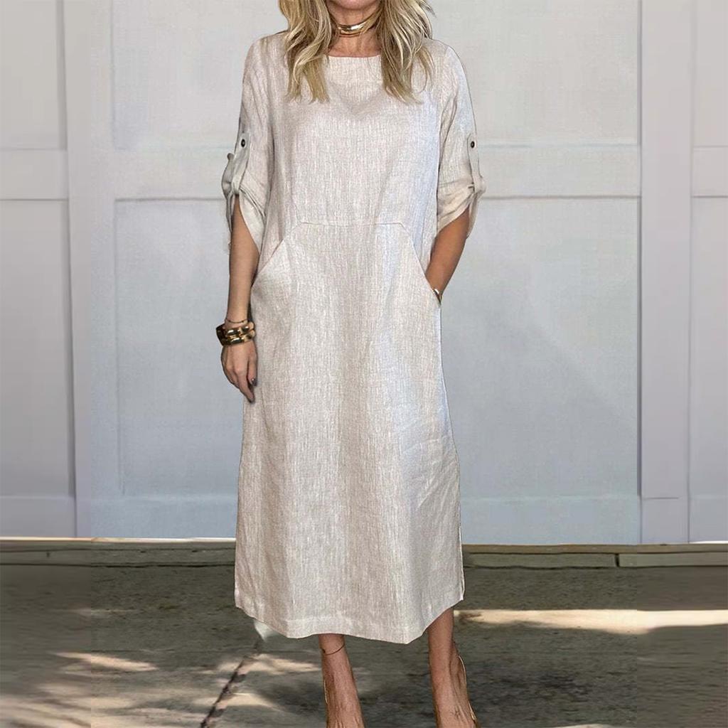 Modisches Damenkleid mit Rundhalsausschnitt, Farbe, locker, lässig, kurzärmelig, Tasche, Baumwolle und Leinen