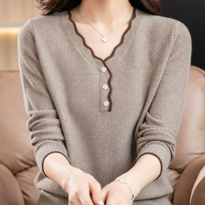 V-neck Sweater Women's Autumn and Winter Casual Long-sleeved Multi-color Base Knitted Sweater Loose Warm Pullover Long-sleeved Top