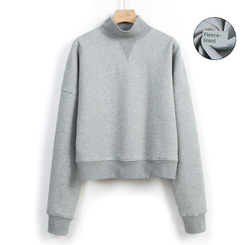 

Half-turtleneck Fleece-lined Sweatshirt Women Fashion All-match 2025 Fall and winter Short pullover Loose Long sleeves pure cotton Outwear Tops Gray Fleece L