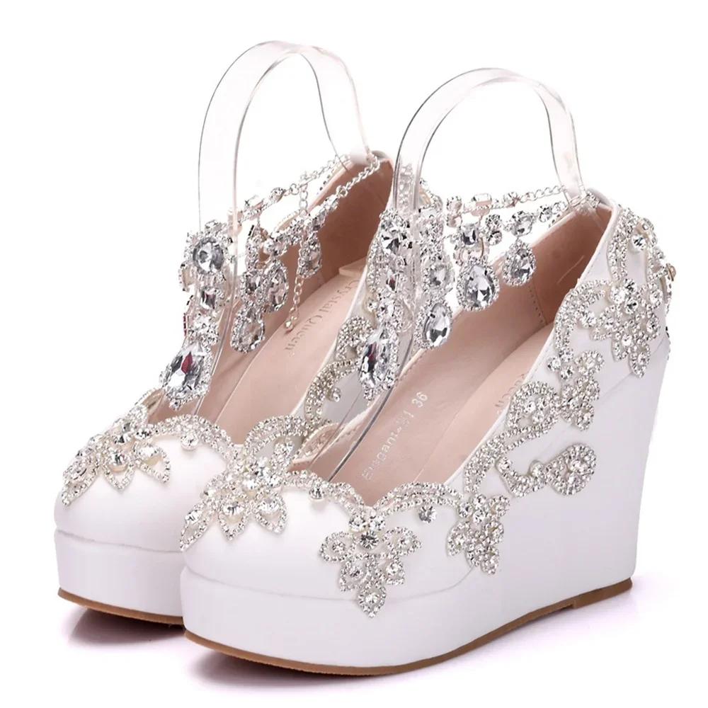 Fashion Rhinestone Bride Wedding Shoes Woman Ankle Strap Wedges High Platform Pumps High Heels Party Rhinestone Round Toe Wedges 11 CM