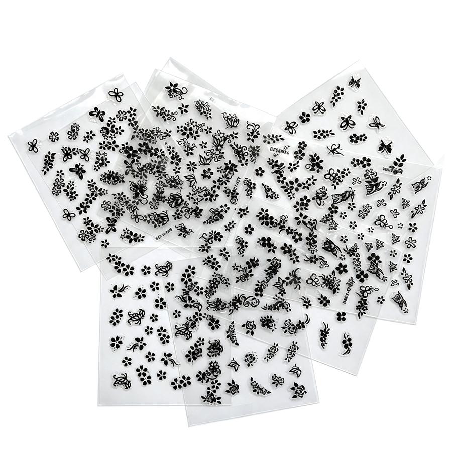 10 Sheets 3D Nail Stickers Set, Self-Adhesive Nail Decals Black White Colorful Nail Art Decorations DIY Manicure Accessories