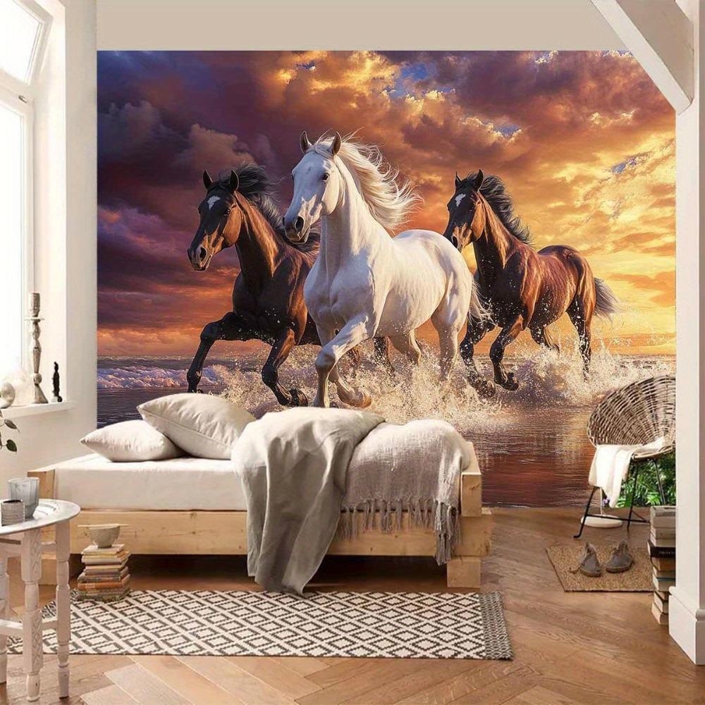 Running Horses Tapestry Wall Hanging, White And Brown Stallions Galloping On Beach At Sunset, Dynamic Animal Wall Art For Living