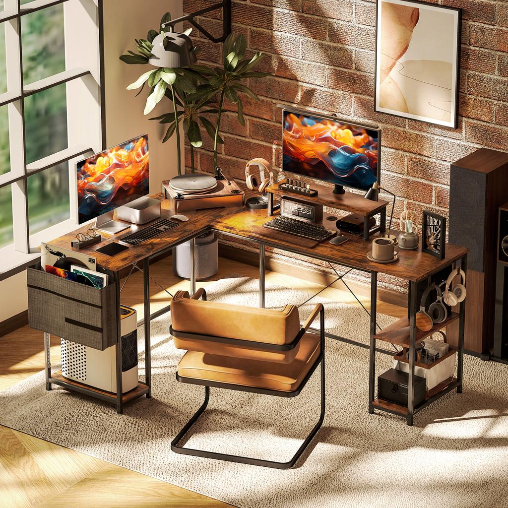 L-Shaped Desk, Versatile Office Desk with Adjustable Shelves and Storage Bag, Monitor Stand, Brown