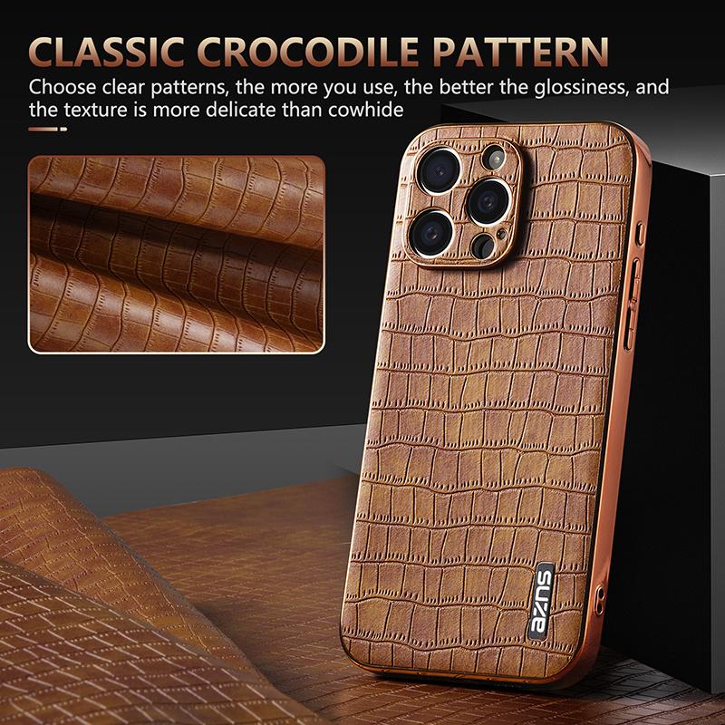 Fashion Crocodile Pattern Electroplating Design Leather Phone Case For iPhone 16 16E 15 14 13 12 11 Pro Max Plus Back Cover