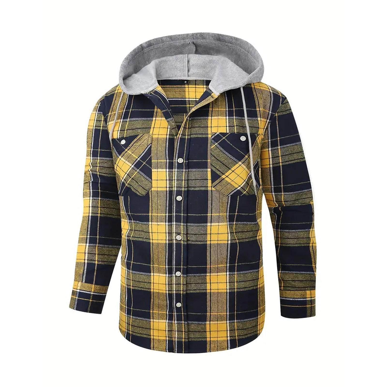 

Мужская клетчатая рубашка с длинным рукавом, мужская толстовка с капюшоном и карманами на пуговицах XL жёлтый