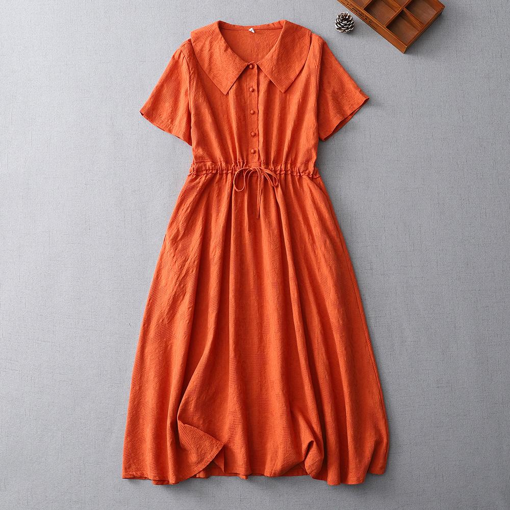 

Ретро однотонное хлопково-льняное платье женское 2025 лето новое свободное талия лацкан короткий рукав миди и длинная юбка 2XL оранжевый
