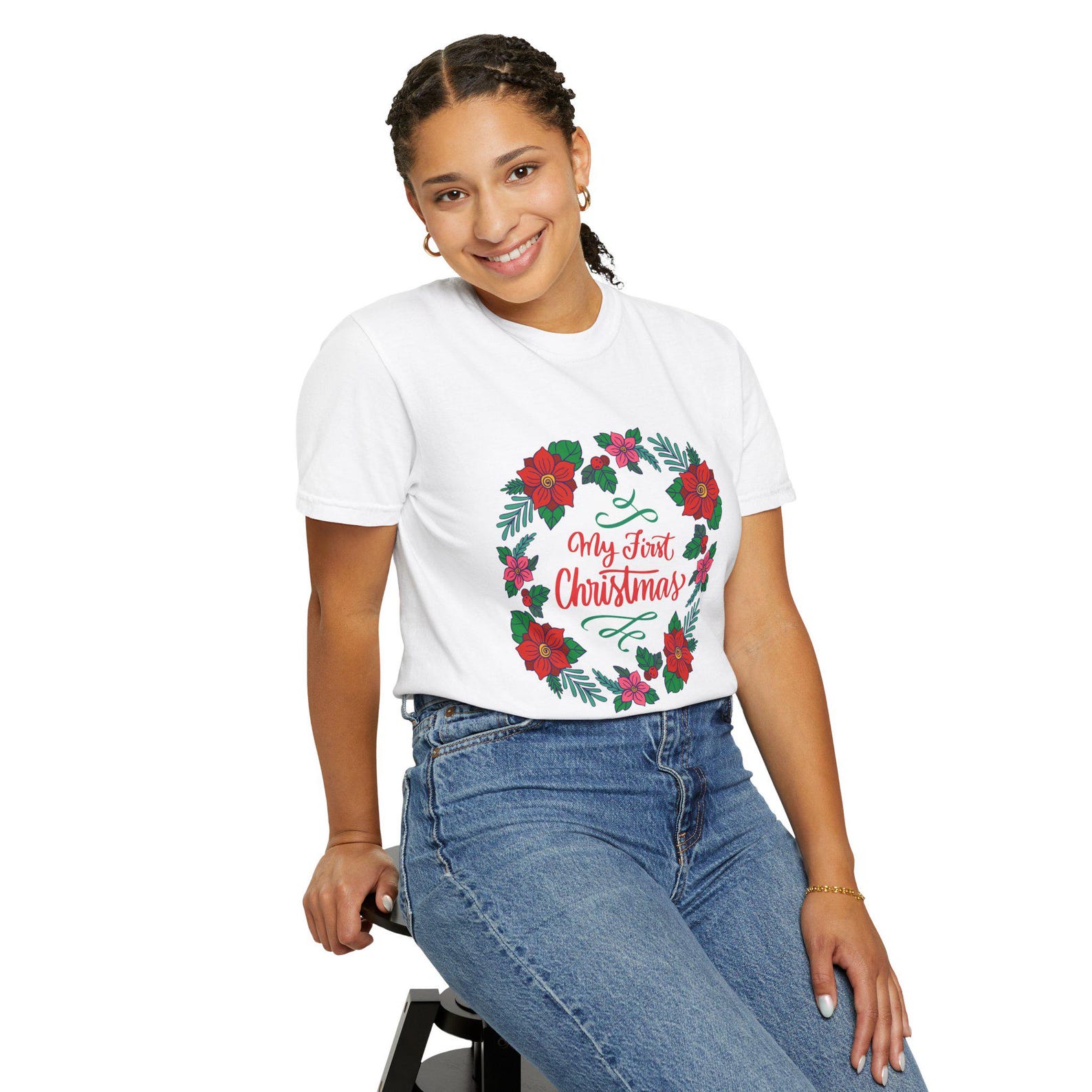 My First Christmas wreath T-shirt | Poinsettia holiday shirt L