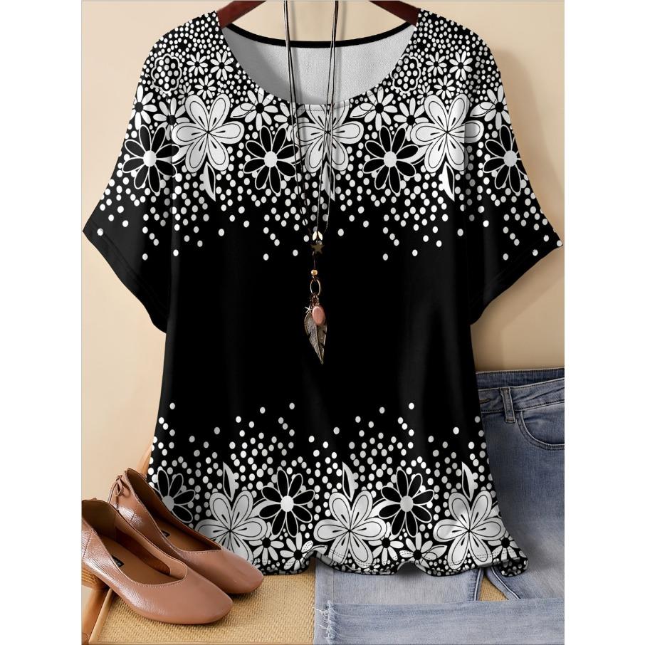 XL-7XL Plus Size Women's Casual 3D Print Loose Round Neck Short Sleeved T-shirt Top