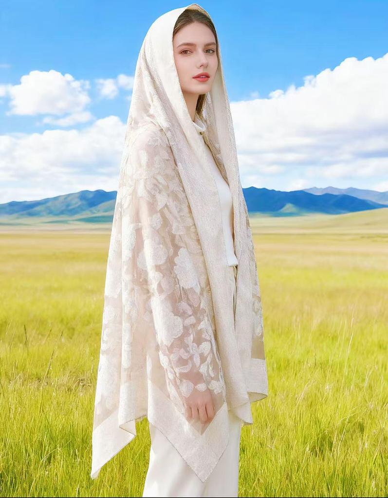 High-End Ethnischer Cut-Out Retro Floral Organza Jacquard Schal