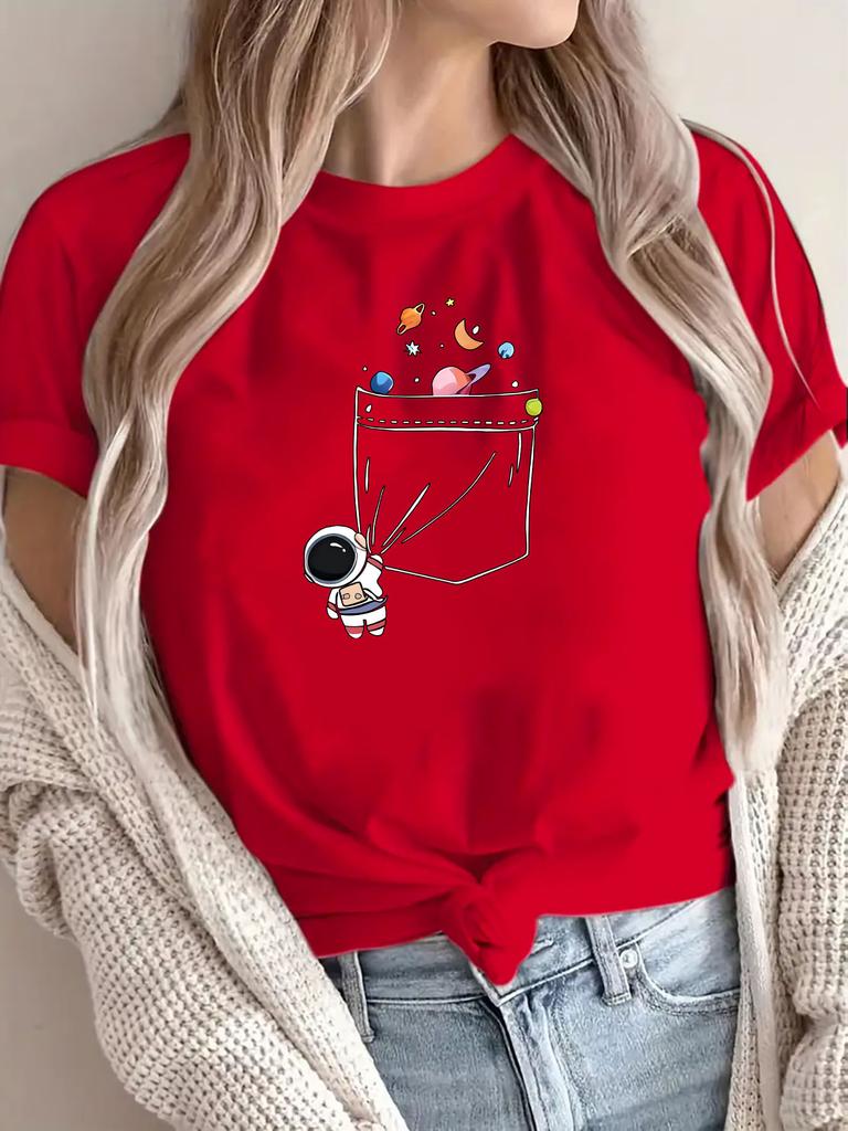 Round Cute Astronaut Colorful Planet Spacethemed Apparel Spacethemed Women's Light Astronaut Space Casual T-Shirt Sleeve