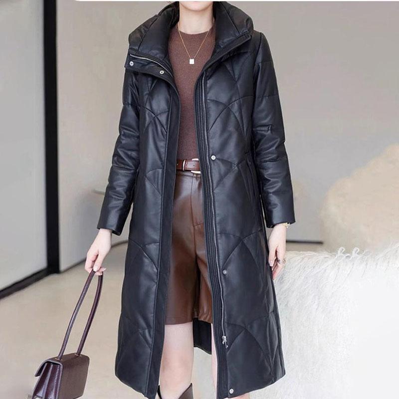 Winter Women's Genuine Leather Jacket Over-the-Knee Long Sheepskin Padded Coat Thickened Windproof Warm Camel Wool Coat