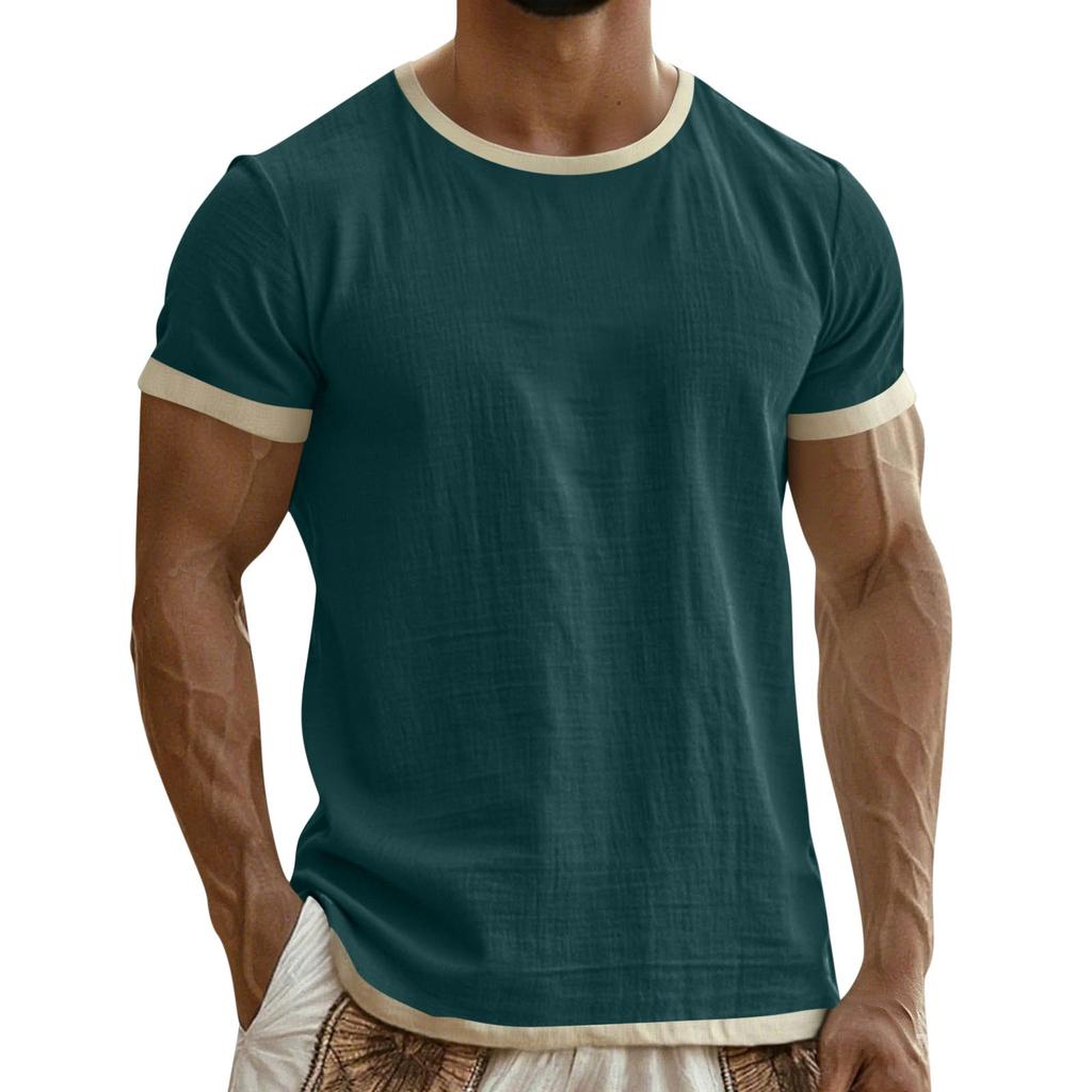 Men's Colorblock Cotton Linen Short Sleeve T-Shirt Lightweight Breathable Round Neck Casual Vacation Top