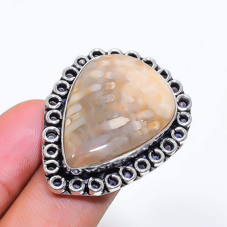 Natural Fossil Coral Gemstone 925 Sterling Silver Jewelry Ring Size 8 ZS-1238