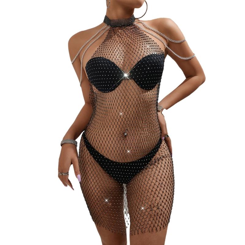 

Rhinestones Fishnet Body Chain Skirt Alluring Neck Hanging Fishnet Dress Adornment with Crystals for Stylish Women S чорний
