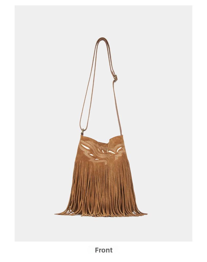 "Hippie" fringed embroidery craft, frosted leather, adjustable crossbody bag