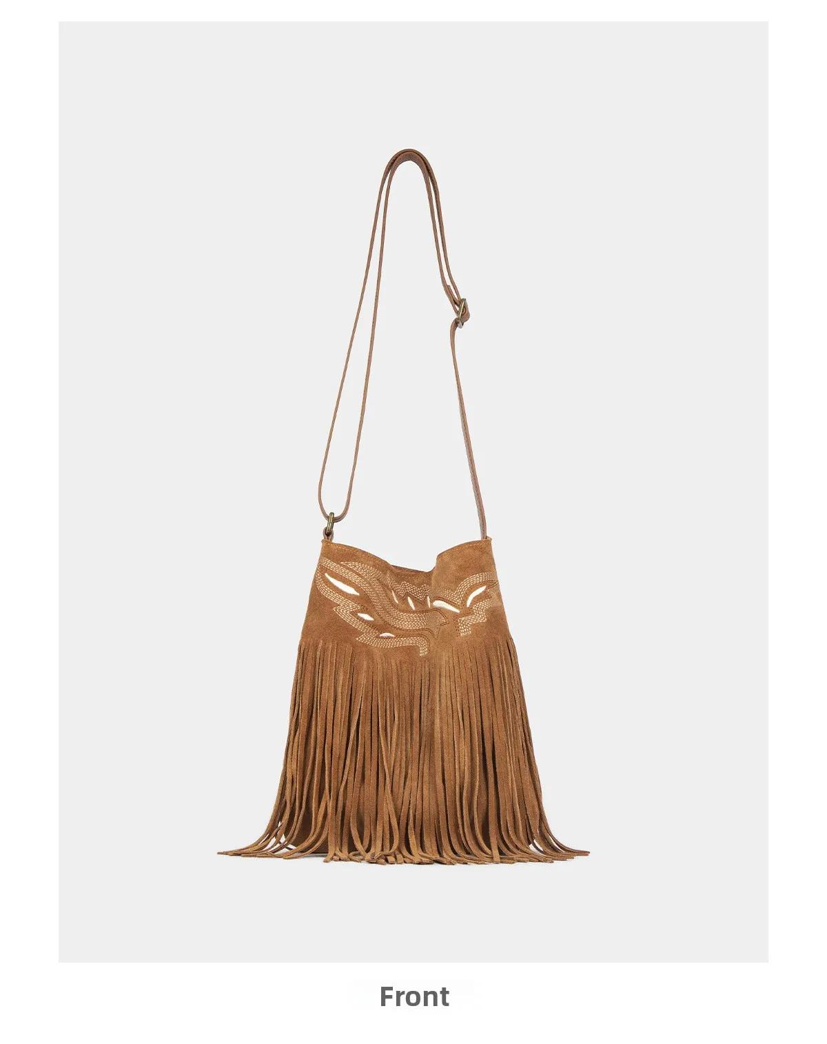 Hippie  fringed embroidery craft, frosted leather, adjustable crossbody bag M