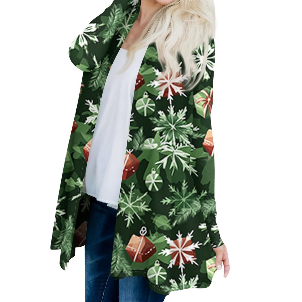 Women's Fashionable And Casual Christmas Printed Mid Length Cardigan Long Sleeved Jacket