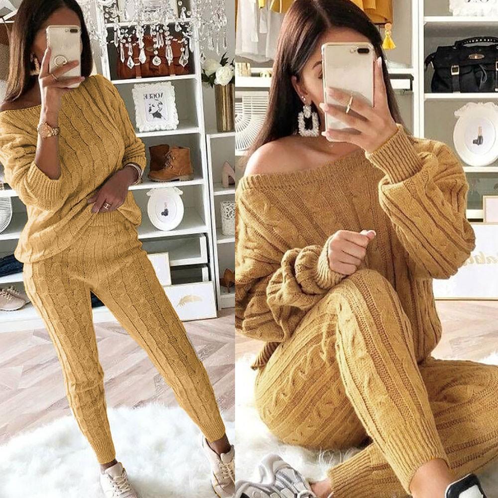 

Женский однотонный вязаный теплый комплект из 2 предметов для домашней одежды с открытыми плечами XL жёлтый