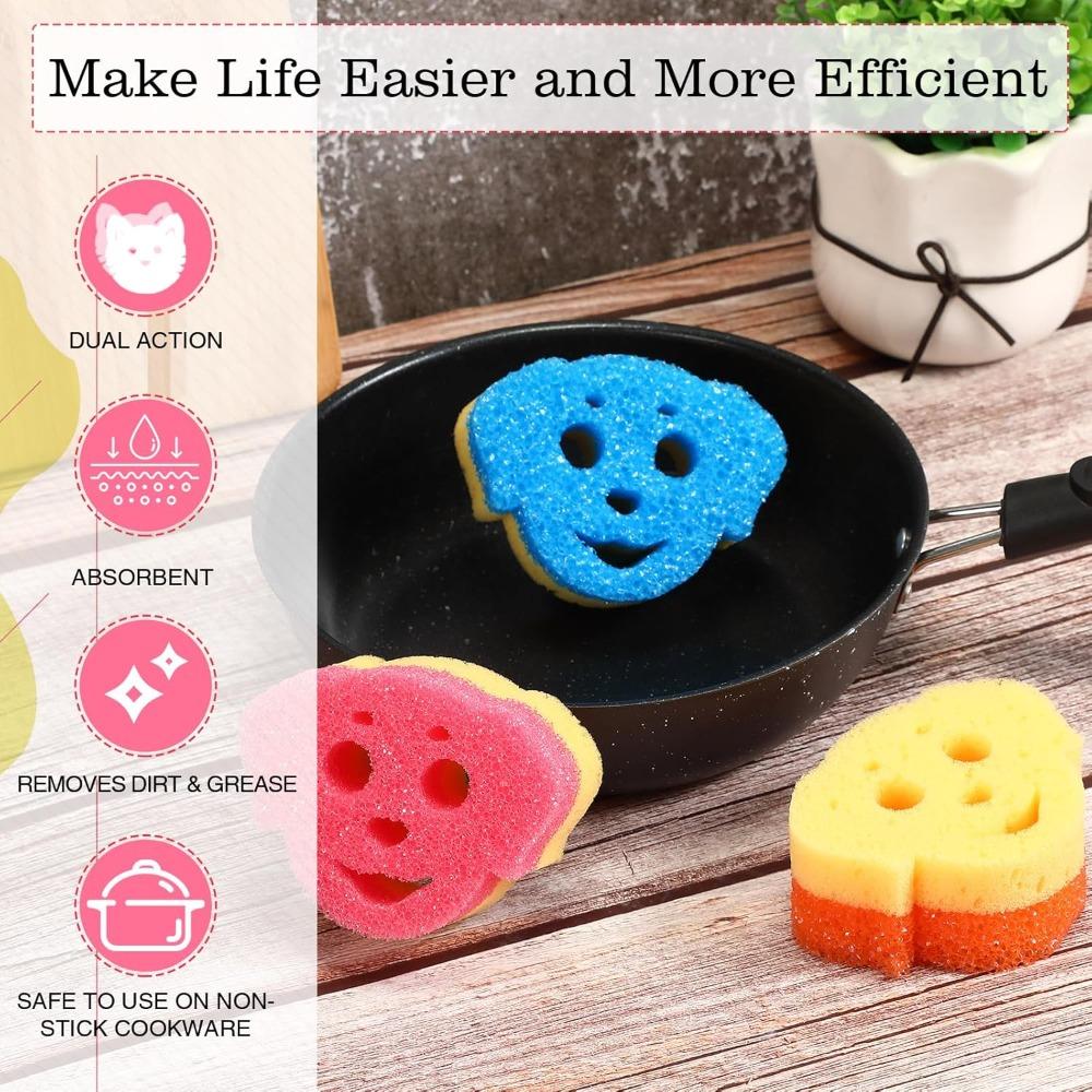 6pcs Dog Dual Sided Scrub Sponge Cleaning Sponges Cute Temperature Sensitive Dish Sponges Non Scratch Household Multi Use Sponges Scrubber
