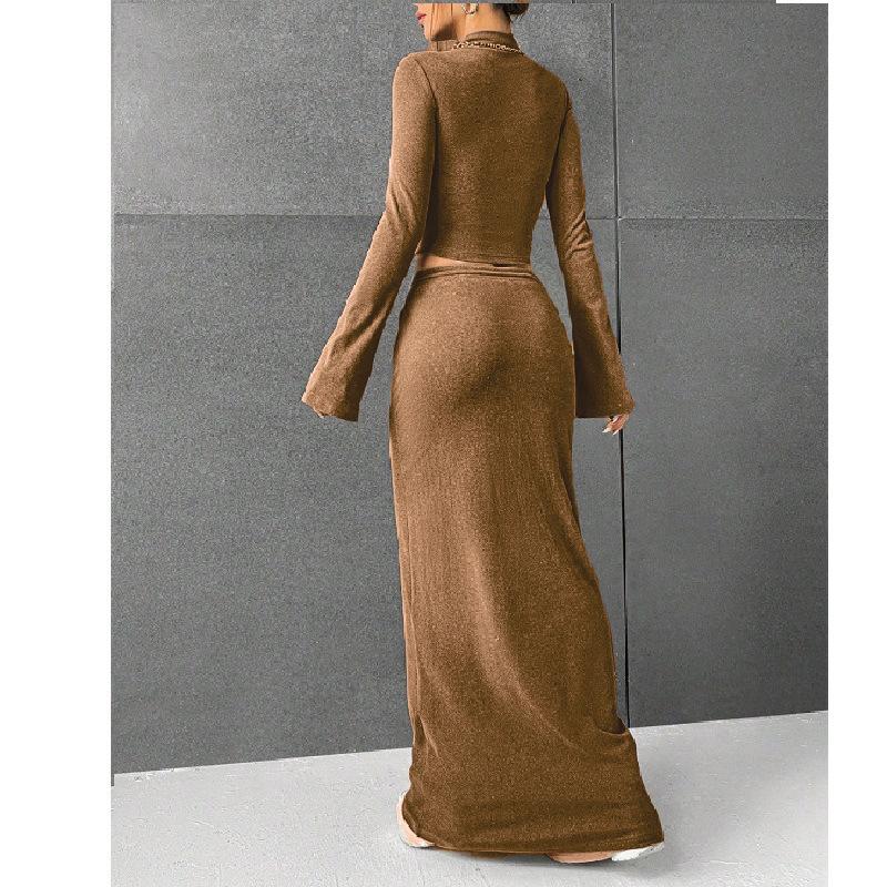 Women's skirt set solid color long sleeve round neck T-shirt long skirt two-piece set