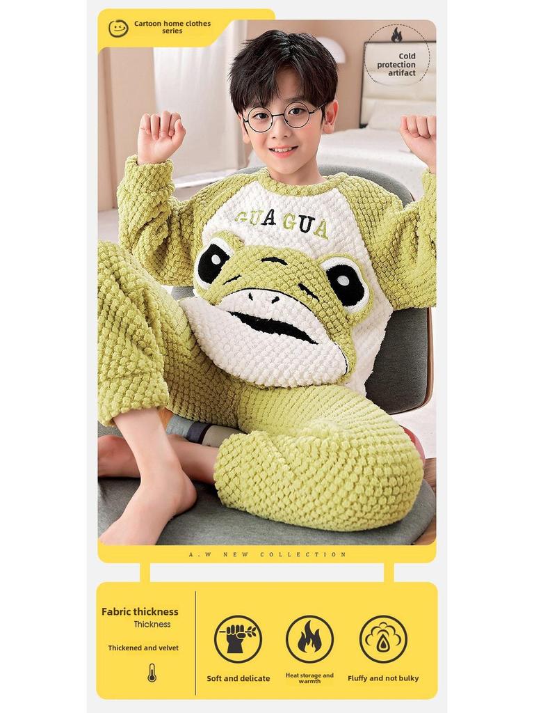 Flanell-Cartoon-Pyjama für Jungen - Langärmlig, Rundhalsausschnitt, Korallenfleece, Herbst/Winter