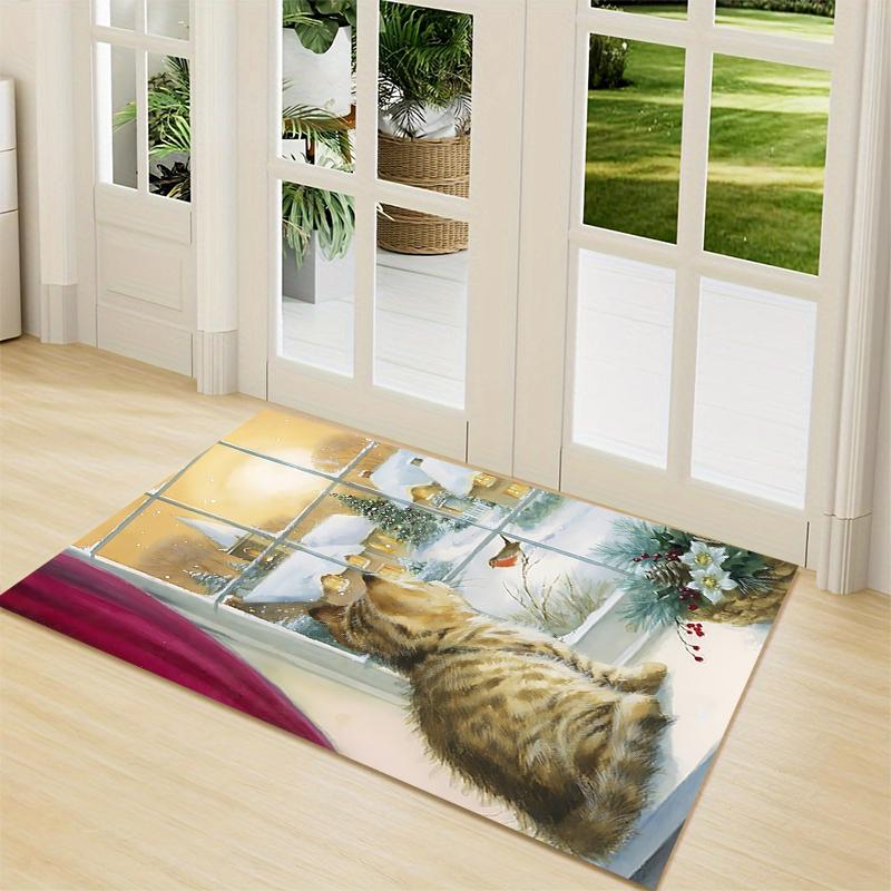 Cat Snowy Scene Carpet Rug Soft Washable Anti Slip Home Living Room Sofa Mats Personalized Christmas Rug