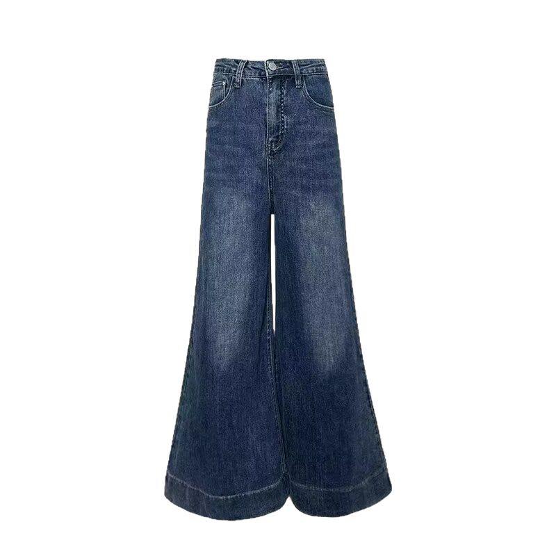 Spring 2025 Women's Blue High-Waisted Wide-Leg Jeans, Loose Slimming Fit, Flared & Floor-Length