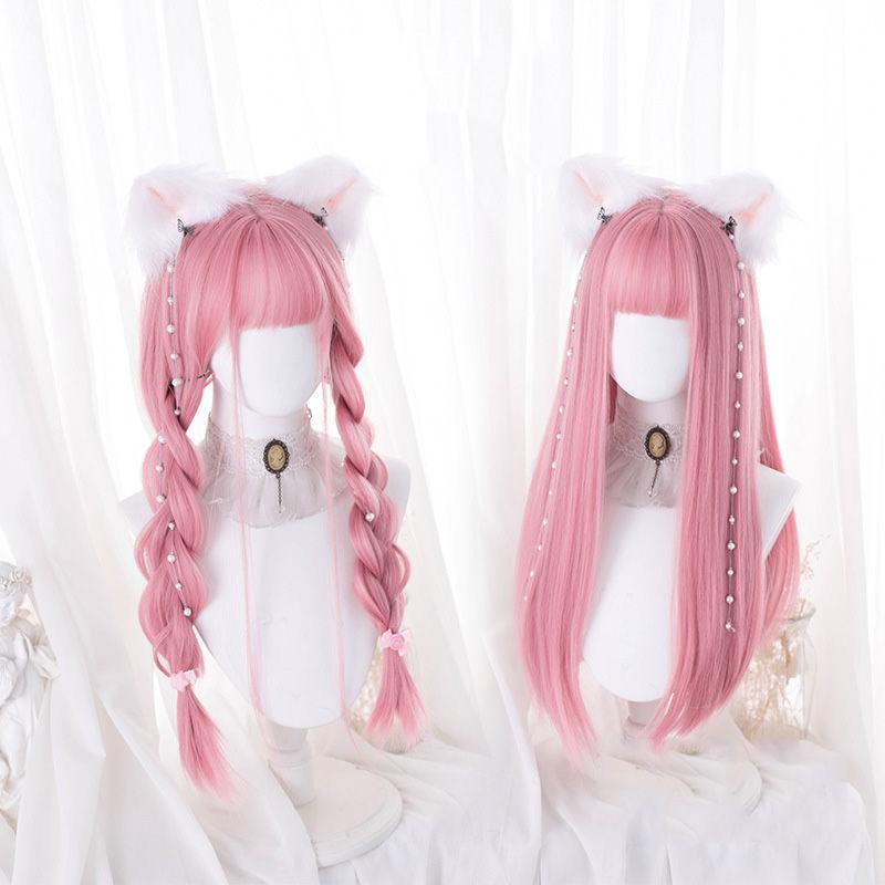 Pink Wine Red White Synthetic Long Straight Cosplay Lolita Harajuku Wig with Bangs Braided Halloween Wig for Women Daily Wear