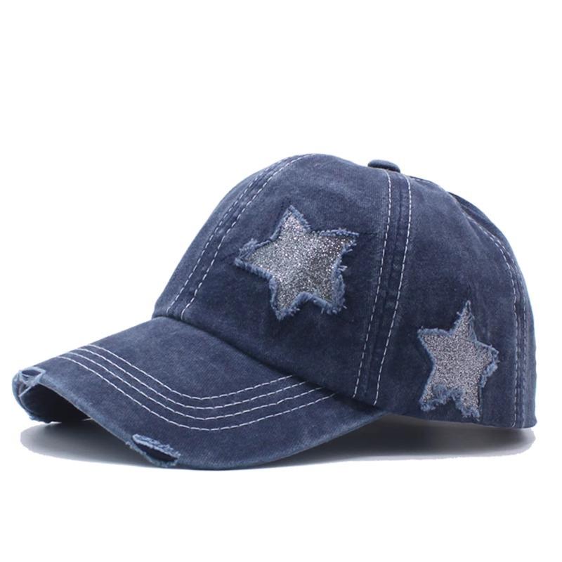 European and American Tide Pure Cotton Washed Ponytail Hole Five Pointed Star Baseball Cap Fashion Ponytail Hole Curved Brim Cap