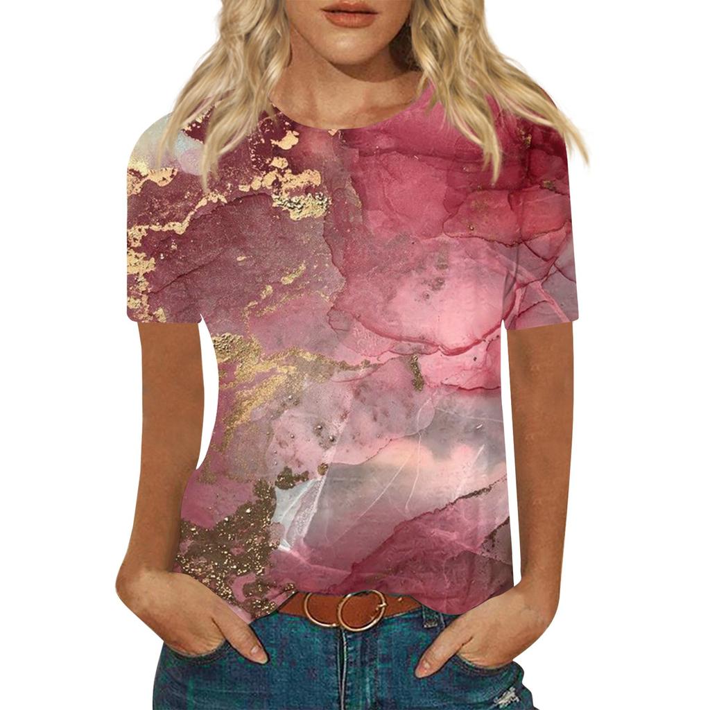 Women's Fashion Casual Printed Round Neck Short Sleeve Top Blouse