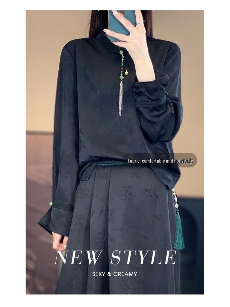 Silk Satin 2026 Spring/Summer Women's Floral Stand Collar Long Sleeve Top