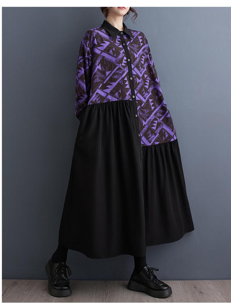 Xitao Vestido estampado patchwork assimétrico único breasted manga comprida primavera linha A feminino HQQ2174