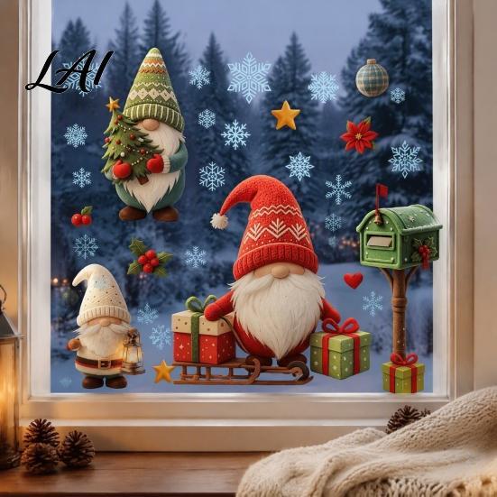 Reusable Static Decals Christmas Gnome Window Cling Waterproof Snowflake Glass Decal PVC Faceless Dwarf Sticker for Holiday Decoration Festive